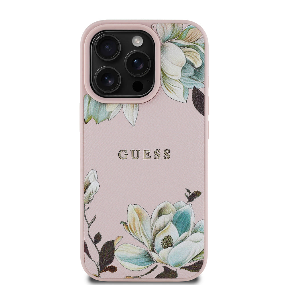 Apple iPhone 16 Pro Max Kılıf Guess Orjinal Lisanslı M-safe Şarj Özellikli Taneli Çiçek Tasarımlı Metal Yazı Logolu Kapak Siyah