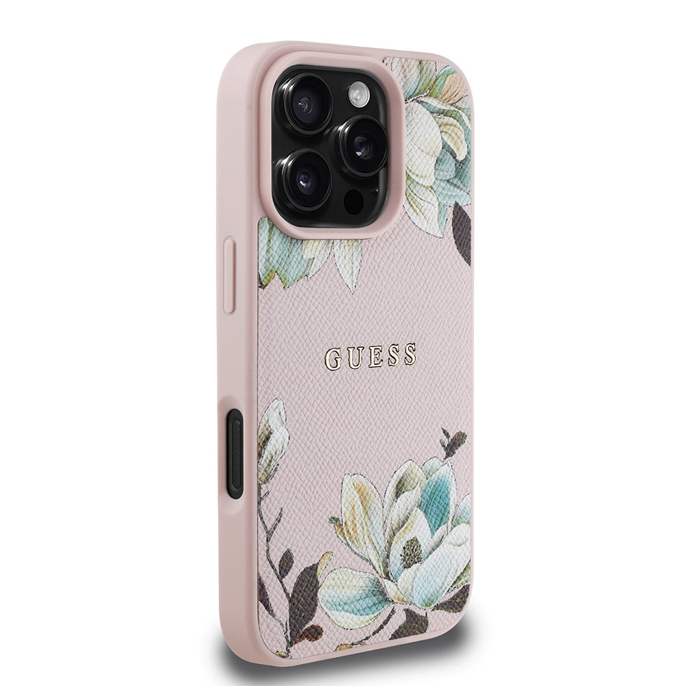 Apple iPhone 16 Pro Max Kılıf Guess Orjinal Lisanslı M-safe Şarj Özellikli Taneli Çiçek Tasarımlı Metal Yazı Logolu Kapak Siyah