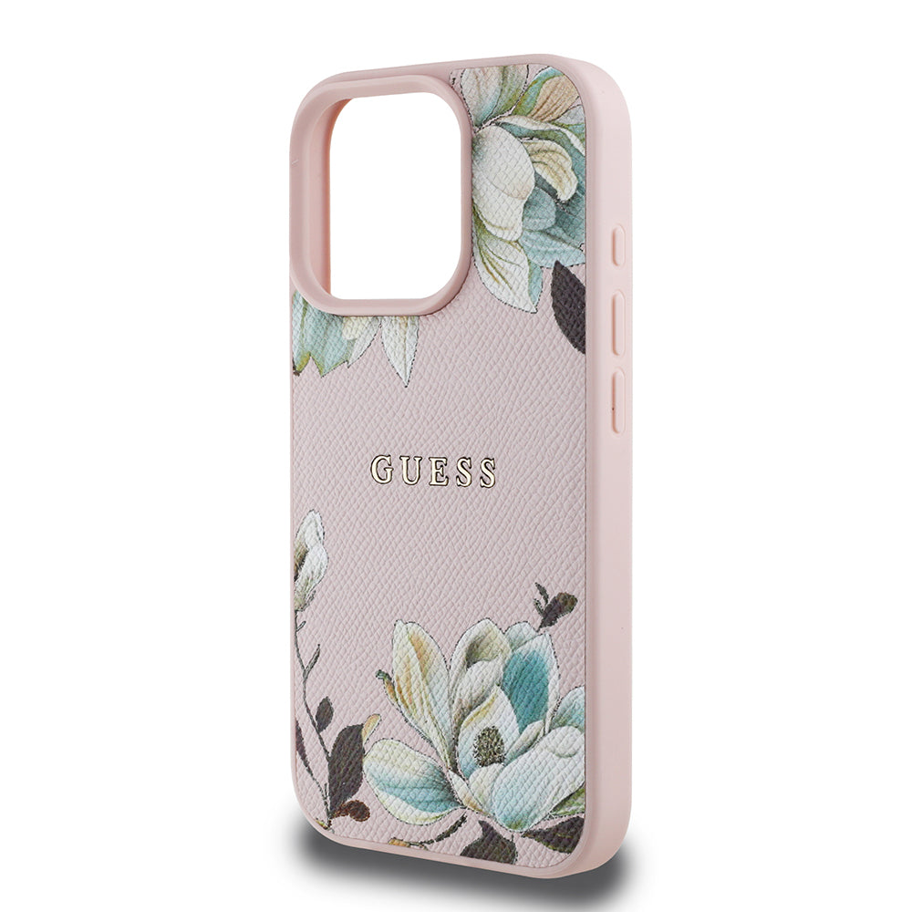 Apple iPhone 16 Pro Max Kılıf Guess Orjinal Lisanslı M-safe Şarj Özellikli Taneli Çiçek Tasarımlı Metal Yazı Logolu Kapak Siyah