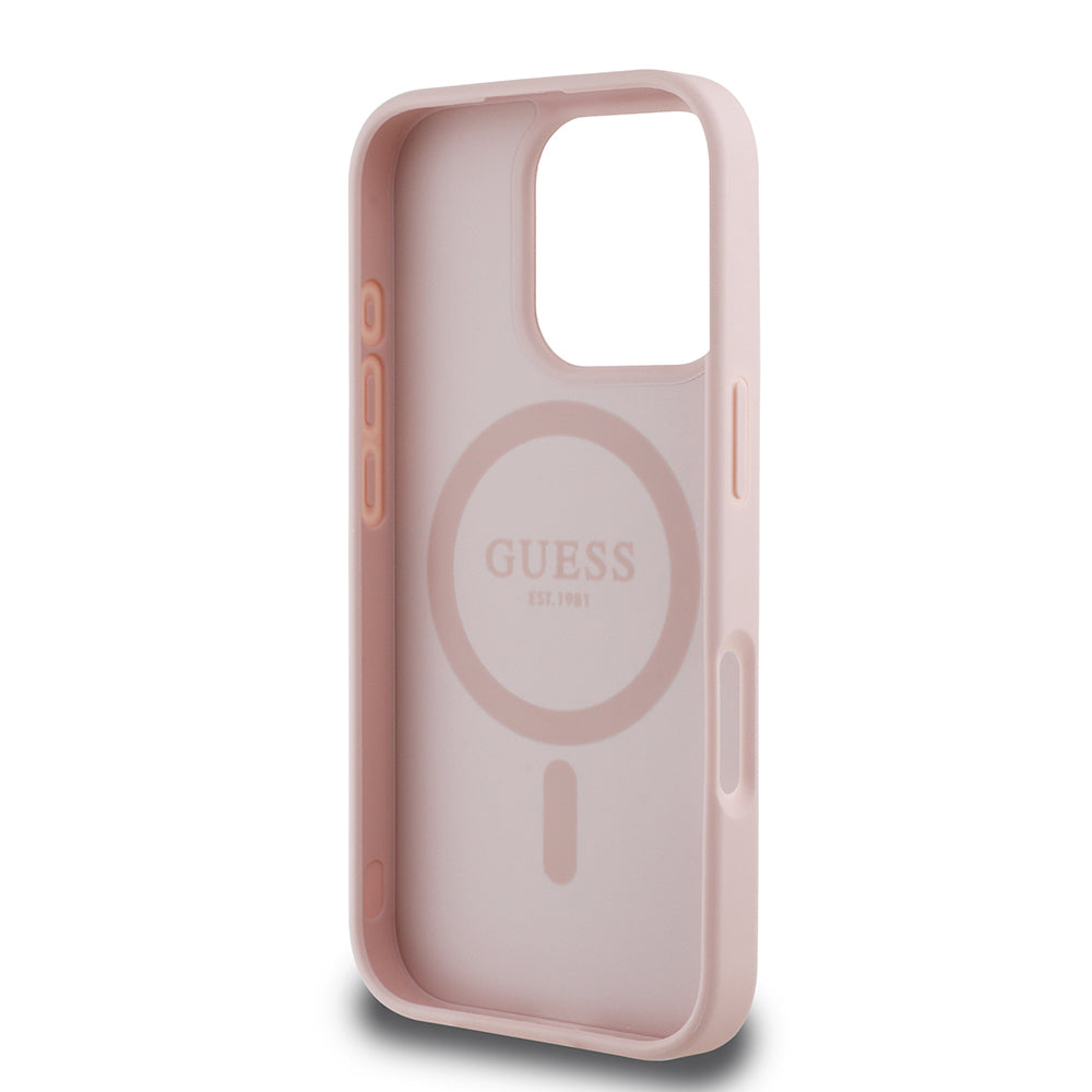 Apple iPhone 16 Pro Max Kılıf Guess Orjinal Lisanslı M-safe Şarj Özellikli Taneli Çiçek Tasarımlı Metal Yazı Logolu Kapak Siyah