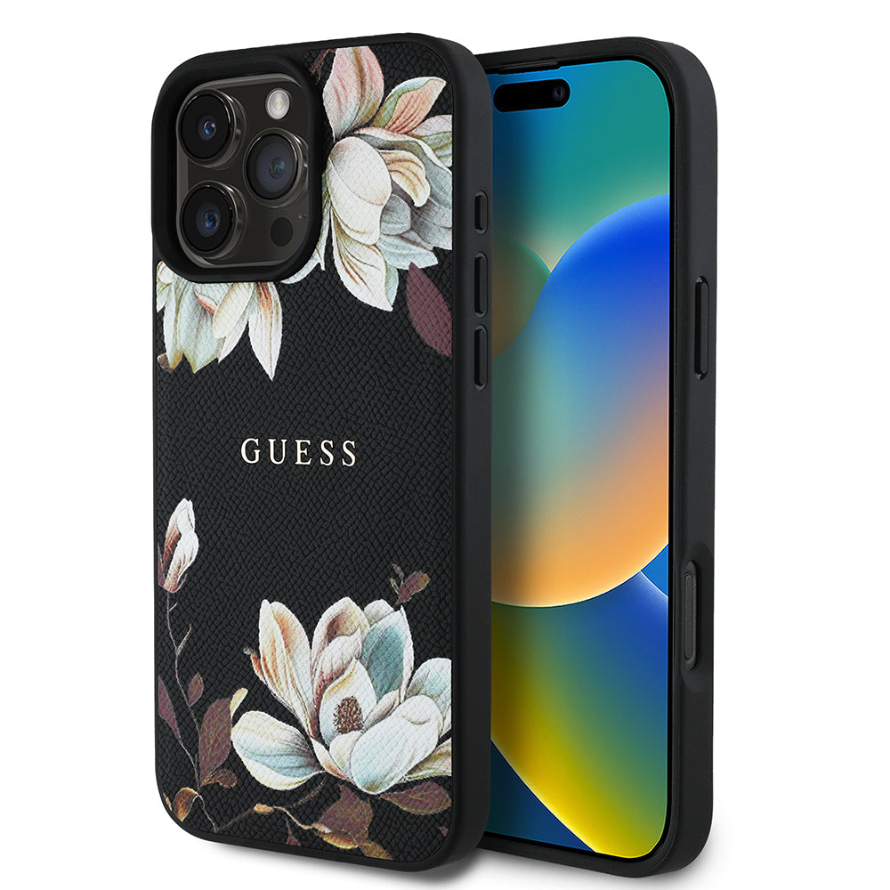 Apple iPhone 16 Pro Max Kılıf Guess Orjinal Lisanslı M-safe Şarj Özellikli Taneli Çiçek Tasarımlı Metal Yazı Logolu Kapak Siyah
