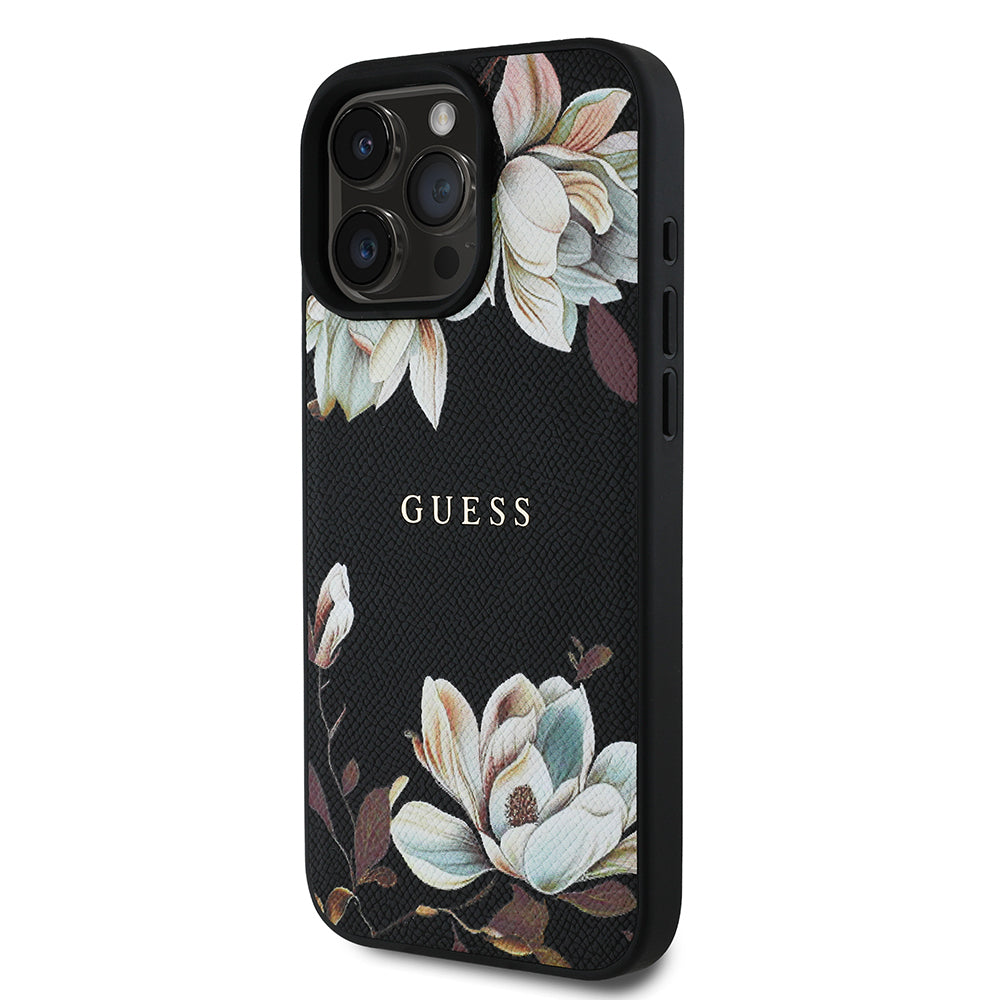 Apple iPhone 16 Pro Max Kılıf Guess Orjinal Lisanslı M-safe Şarj Özellikli Taneli Çiçek Tasarımlı Metal Yazı Logolu Kapak Siyah