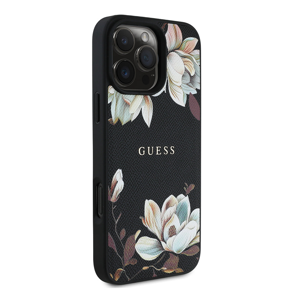 Apple iPhone 16 Pro Max Kılıf Guess Orjinal Lisanslı M-safe Şarj Özellikli Taneli Çiçek Tasarımlı Metal Yazı Logolu Kapak Siyah