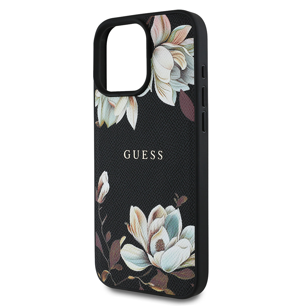 Apple iPhone 16 Pro Max Kılıf Guess Orjinal Lisanslı M-safe Şarj Özellikli Taneli Çiçek Tasarımlı Metal Yazı Logolu Kapak Siyah