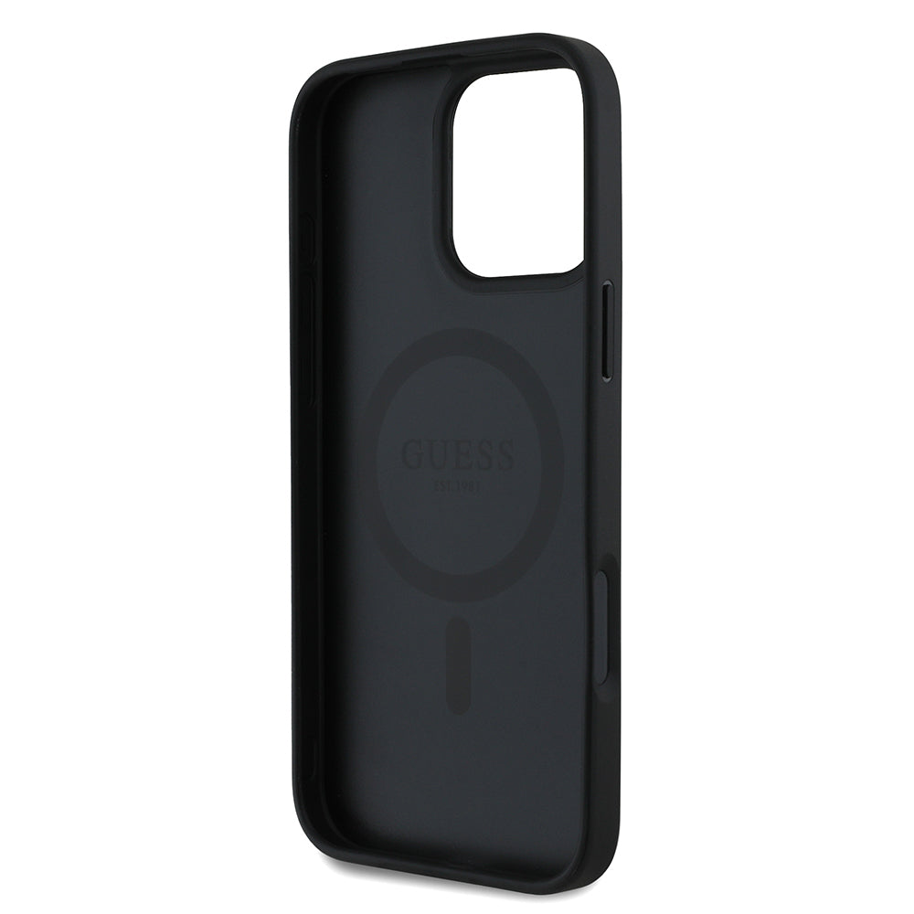 Apple iPhone 16 Pro Max Kılıf Guess Orjinal Lisanslı M-safe Şarj Özellikli Taneli Çiçek Tasarımlı Metal Yazı Logolu Kapak Siyah