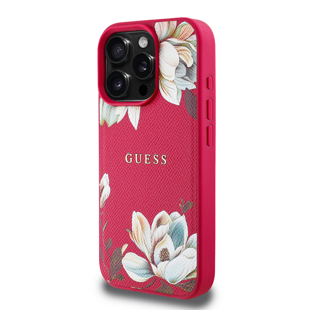 Apple iPhone 16 Pro Max Kılıf Guess Orjinal Lisanslı M-safe Şarj Özellikli Taneli Çiçek Tasarımlı Metal Yazı Logolu Kapak Siyah