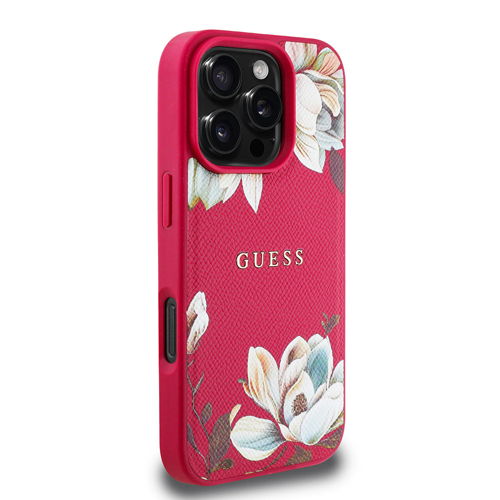 Apple iPhone 16 Pro Max Kılıf Guess Orjinal Lisanslı M-safe Şarj Özellikli Taneli Çiçek Tasarımlı Metal Yazı Logolu Kapak Siyah