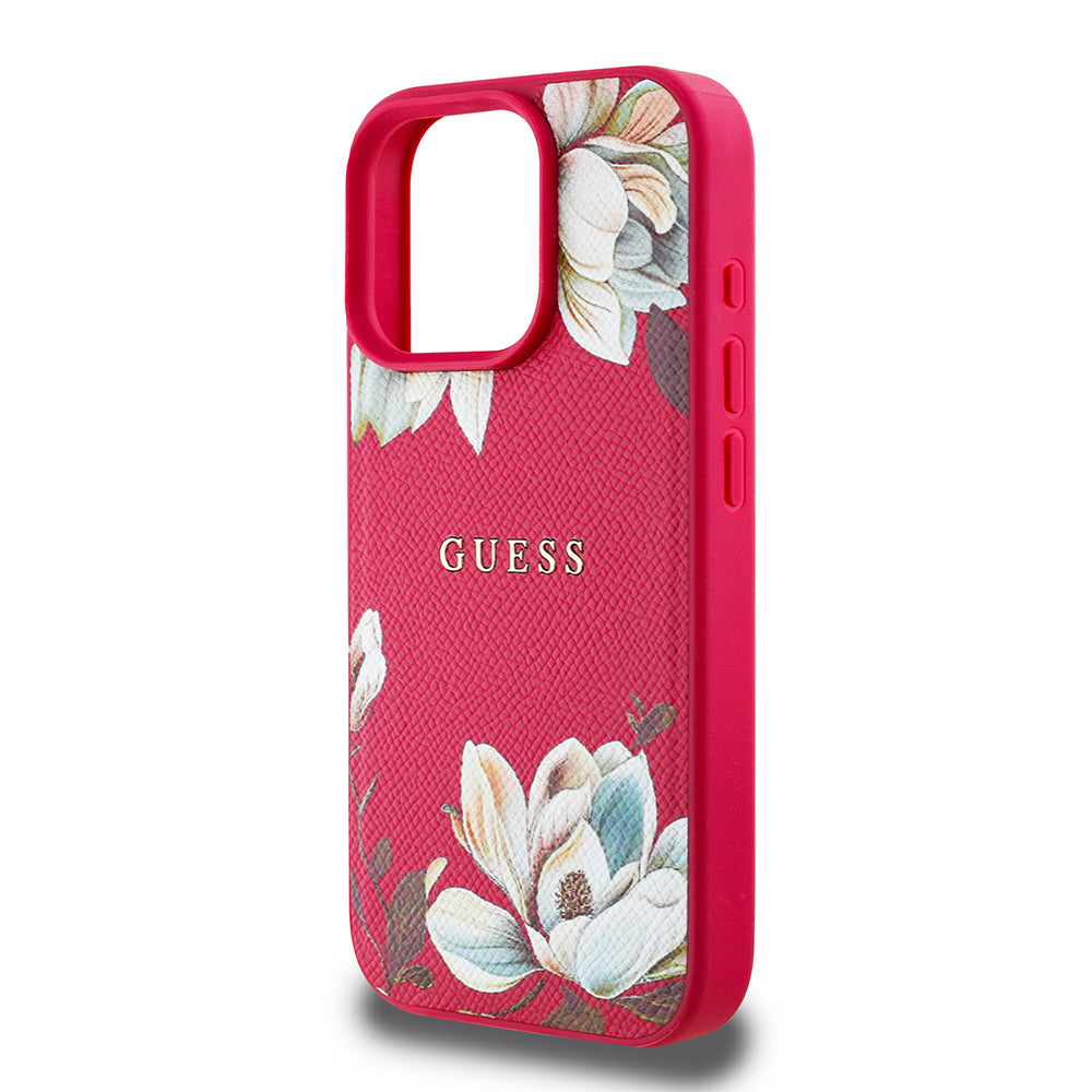 Apple iPhone 16 Pro Max Kılıf Guess Orjinal Lisanslı M-safe Şarj Özellikli Taneli Çiçek Tasarımlı Metal Yazı Logolu Kapak Siyah