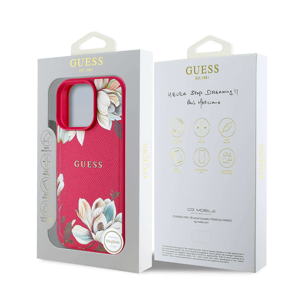 Apple iPhone 16 Pro Max Kılıf Guess Orjinal Lisanslı M-safe Şarj Özellikli Taneli Çiçek Tasarımlı Metal Yazı Logolu Kapak Siyah