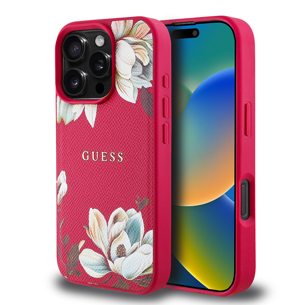 Apple iPhone 16 Pro Max Kılıf Guess Orjinal Lisanslı M-safe Şarj Özellikli Taneli Çiçek Tasarımlı Metal Yazı Logolu Kapak Siyah