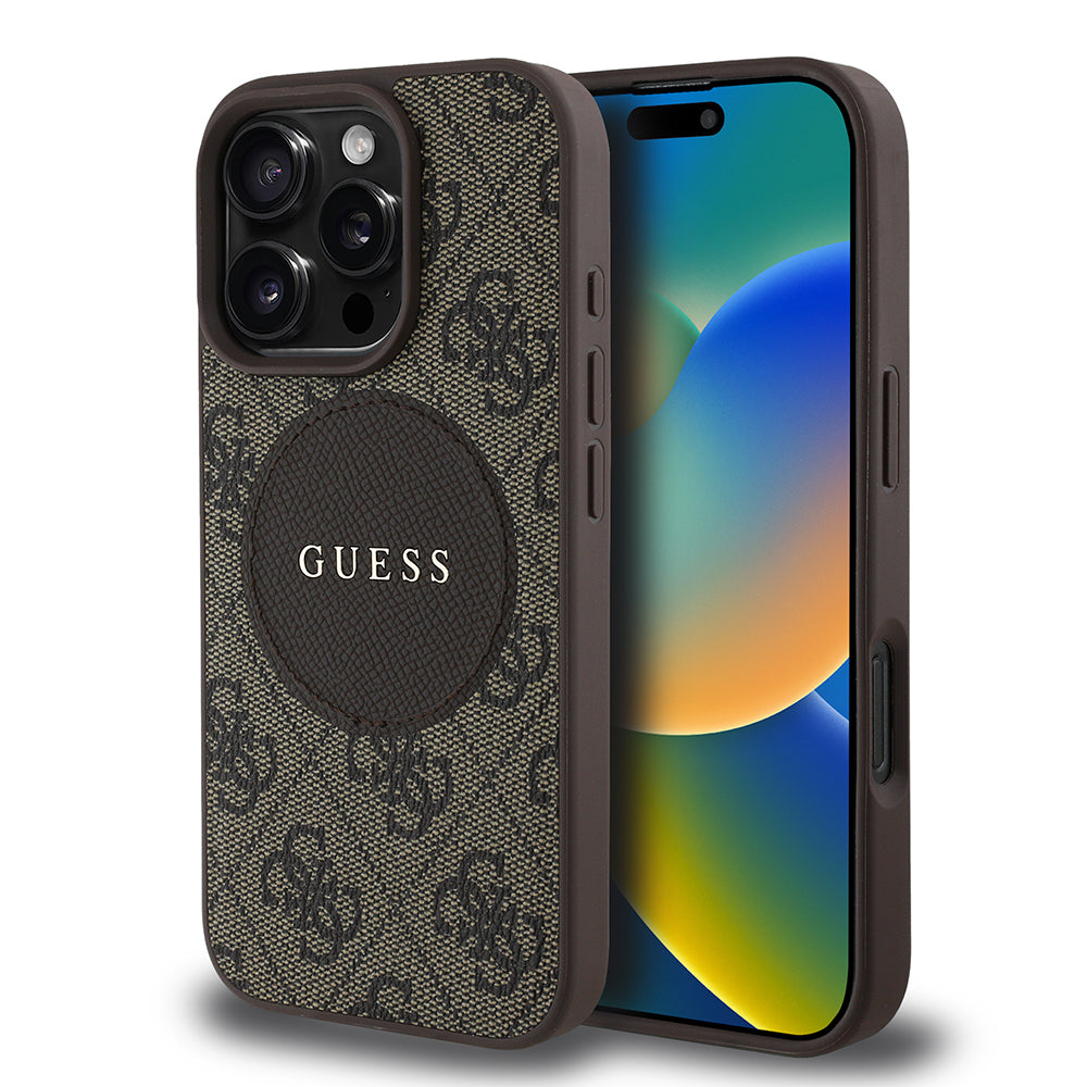 Apple iPhone 16 Pro Max Kılıf Guess Orjinal Lisanslı M-safe Şarj Özellikli Yazı Logolu Circle Classic Kapak Pembe