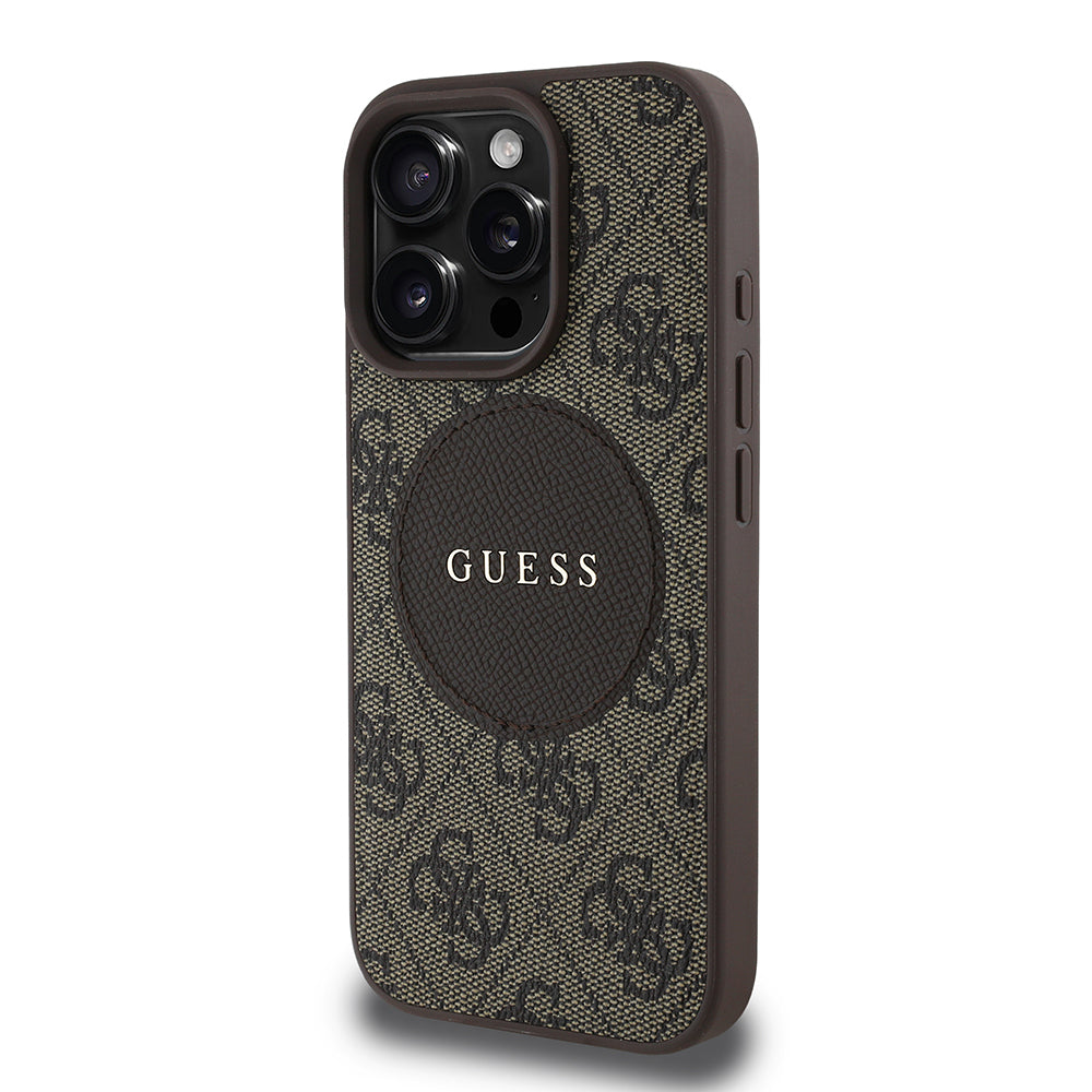 Apple iPhone 16 Pro Max Kılıf Guess Orjinal Lisanslı M-safe Şarj Özellikli Yazı Logolu Circle Classic Kapak Kahverengi