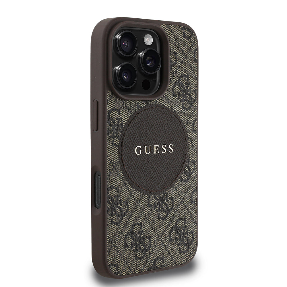 Apple iPhone 16 Pro Max Kılıf Guess Orjinal Lisanslı M-safe Şarj Özellikli Yazı Logolu Circle Classic Kapak Pembe