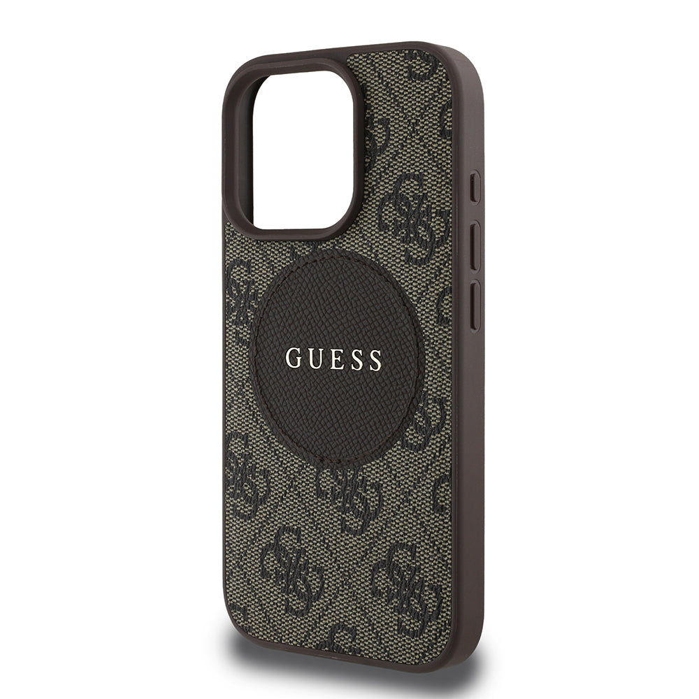 Apple iPhone 16 Pro Max Kılıf Guess Orjinal Lisanslı M-safe Şarj Özellikli Yazı Logolu Circle Classic Kapak Kahverengi