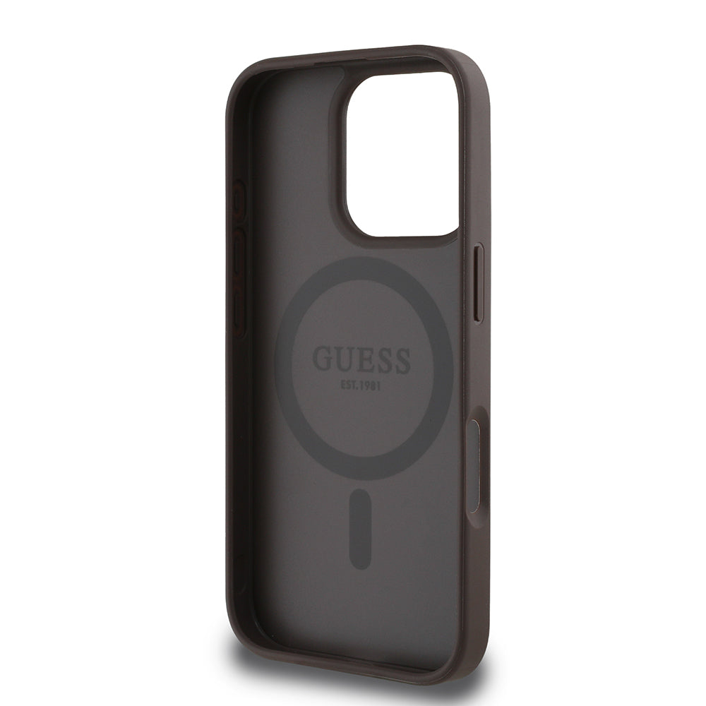 Apple iPhone 16 Pro Max Kılıf Guess Orjinal Lisanslı M-safe Şarj Özellikli Yazı Logolu Circle Classic Kapak Kahverengi