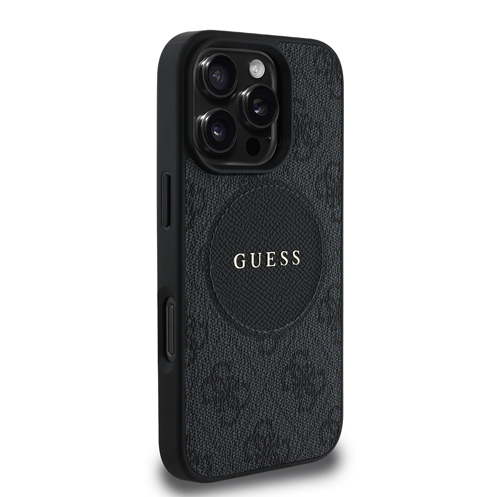 Apple iPhone 16 Pro Max Kılıf Guess Orjinal Lisanslı M-safe Şarj Özellikli Yazı Logolu Circle Classic Kapak Kahverengi