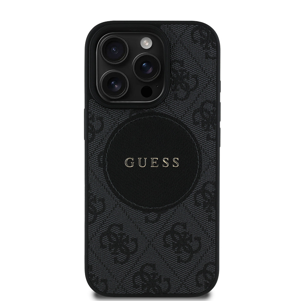Apple iPhone 16 Pro Max Kılıf Guess Orjinal Lisanslı M-safe Şarj Özellikli Yazı Logolu Circle Classic Kapak Siyah