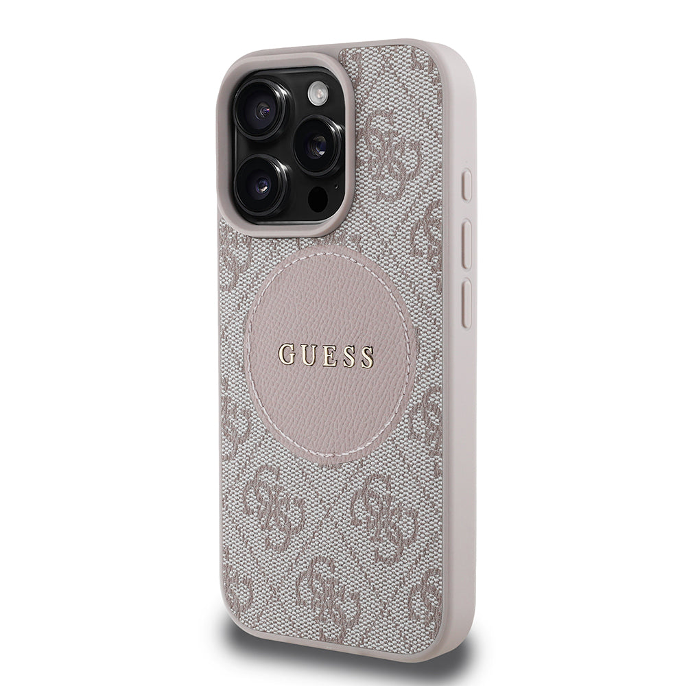 Apple iPhone 16 Pro Max Kılıf Guess Orjinal Lisanslı M-safe Şarj Özellikli Yazı Logolu Circle Classic Kapak Pembe