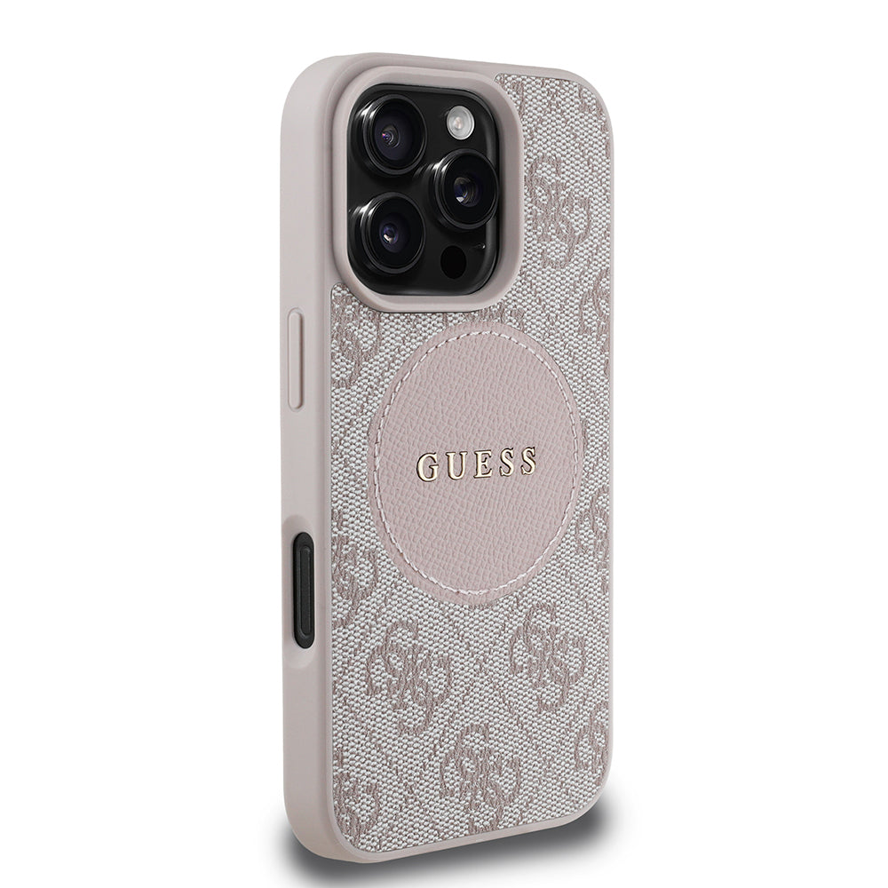 Apple iPhone 16 Pro Max Kılıf Guess Orjinal Lisanslı M-safe Şarj Özellikli Yazı Logolu Circle Classic Kapak Pembe