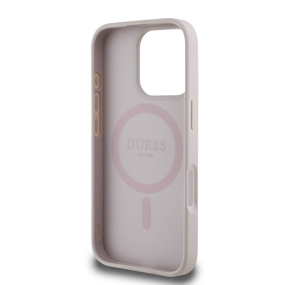 Apple iPhone 16 Pro Max Kılıf Guess Orjinal Lisanslı M-safe Şarj Özellikli Yazı Logolu Circle Classic Kapak Kahverengi
