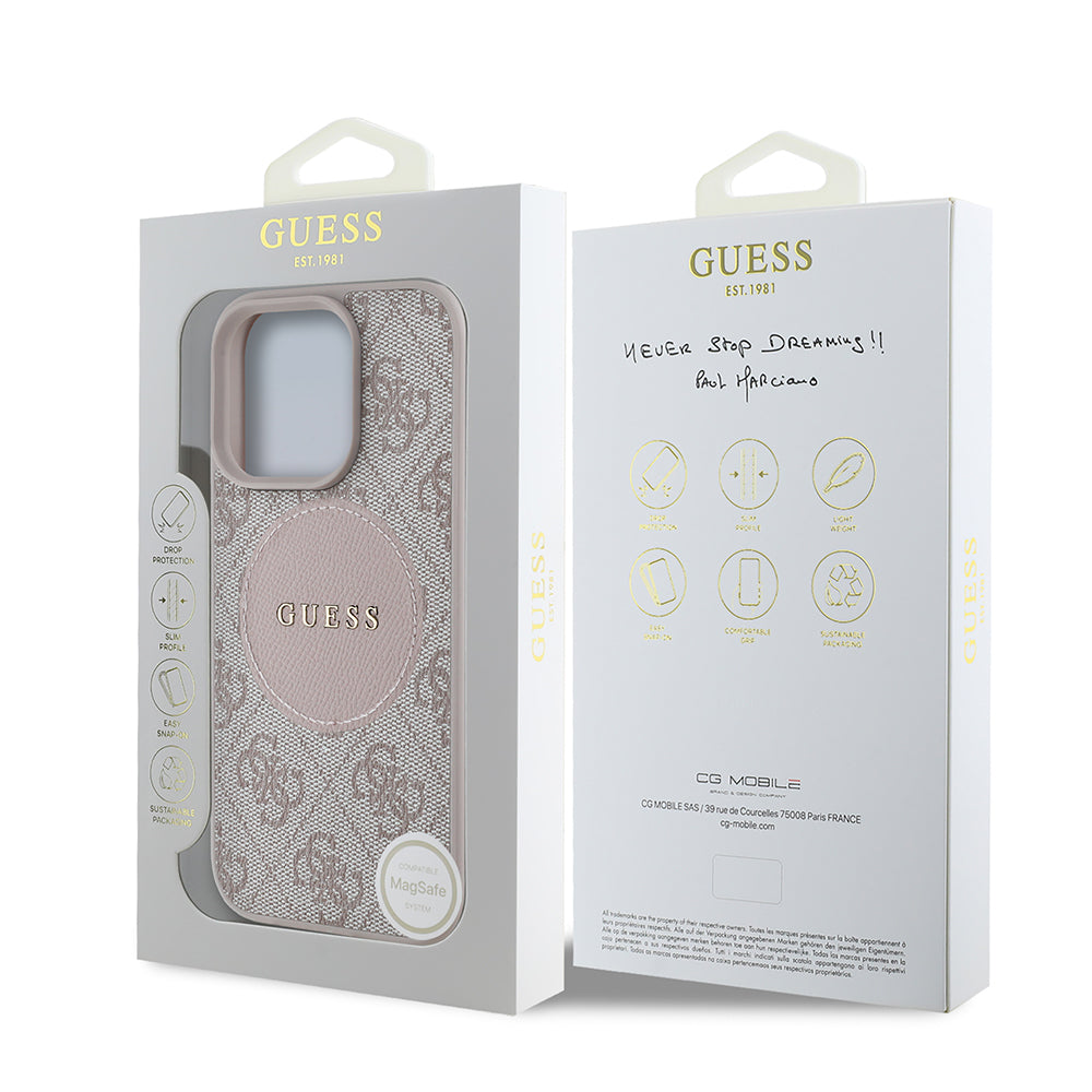 Apple iPhone 16 Pro Max Kılıf Guess Orjinal Lisanslı M-safe Şarj Özellikli Yazı Logolu Circle Classic Kapak Pembe