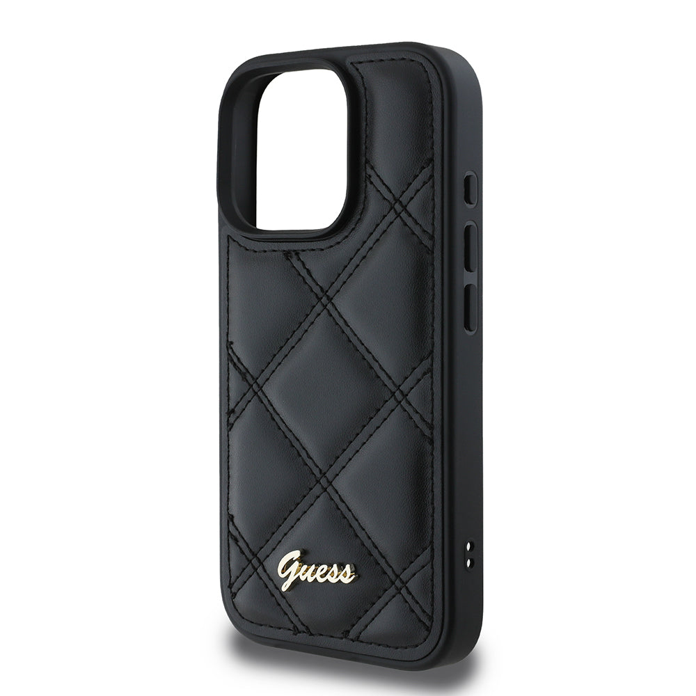 Apple iPhone 16 Pro Max Kılıf Guess Orjinal Lisanslı PU Deri Metal Yazı Logolu Kapitone Kapak Siyah