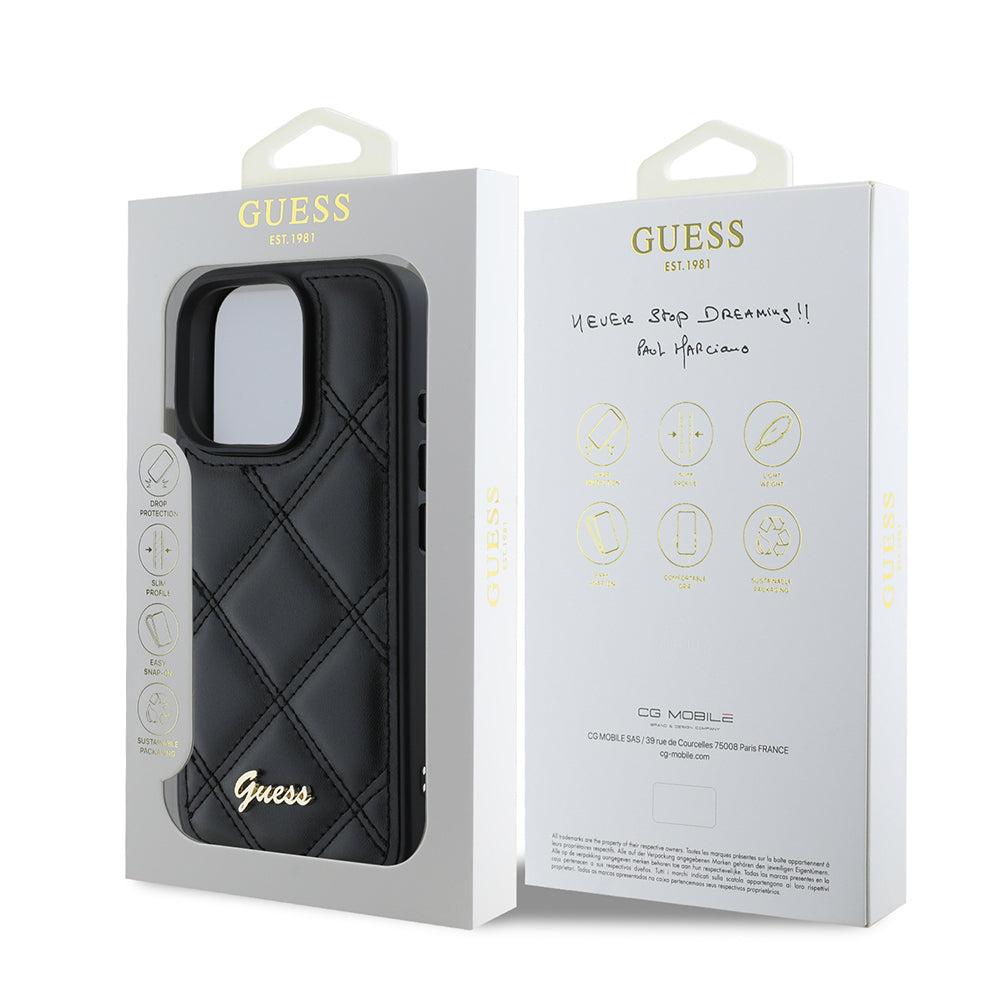 Apple iPhone 16 Pro Max Kılıf Guess Orjinal Lisanslı PU Deri Metal Yazı Logolu Kapitone Kapak Siyah