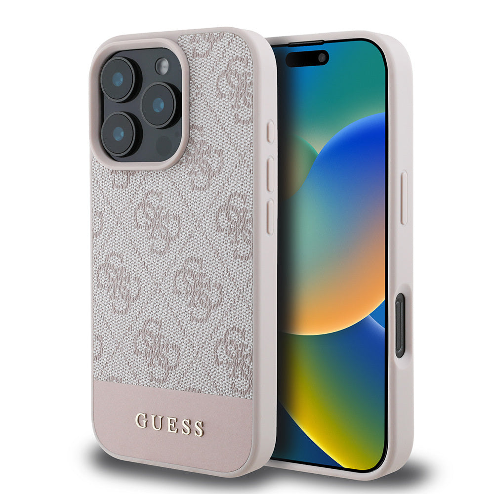 Apple iPhone 16 Pro Max Kılıf Guess Orjinal Lisanslı PU Deri Şerit Logo Dizaynlı Kapak Pembe