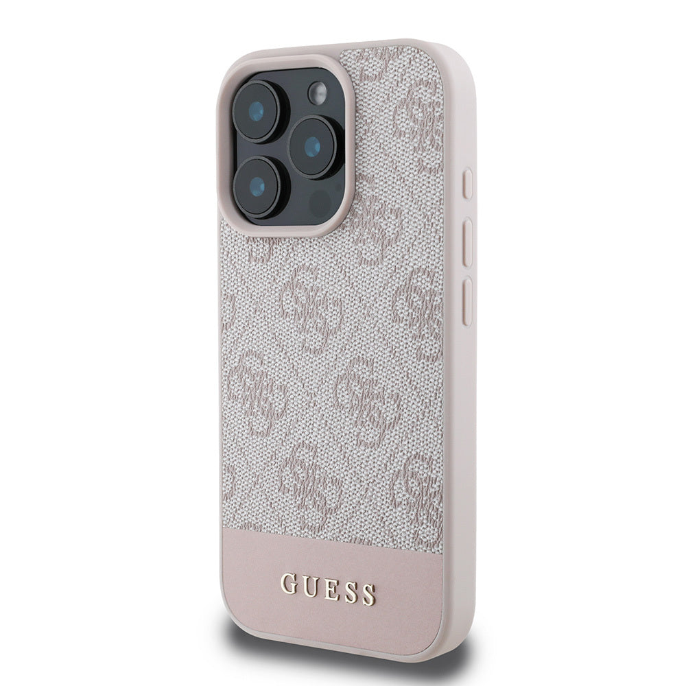 Apple iPhone 16 Pro Max Kılıf Guess Orjinal Lisanslı PU Deri Şerit Logo Dizaynlı Kapak Pembe