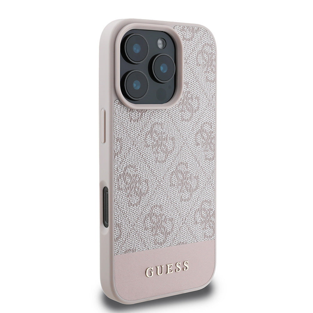 Apple iPhone 16 Pro Max Kılıf Guess Orjinal Lisanslı PU Deri Şerit Logo Dizaynlı Kapak Pembe