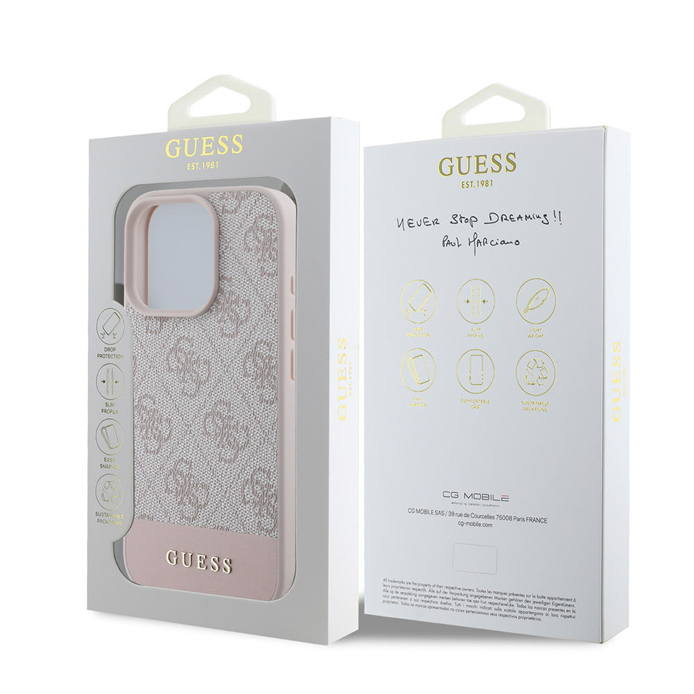 Apple iPhone 16 Pro Max Kılıf Guess Orjinal Lisanslı PU Deri Şerit Logo Dizaynlı Kapak Pembe