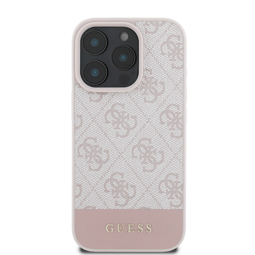 Apple iPhone 16 Pro Max Kılıf Guess Orjinal Lisanslı PU Deri Şerit Logo Dizaynlı Kapak Pembe