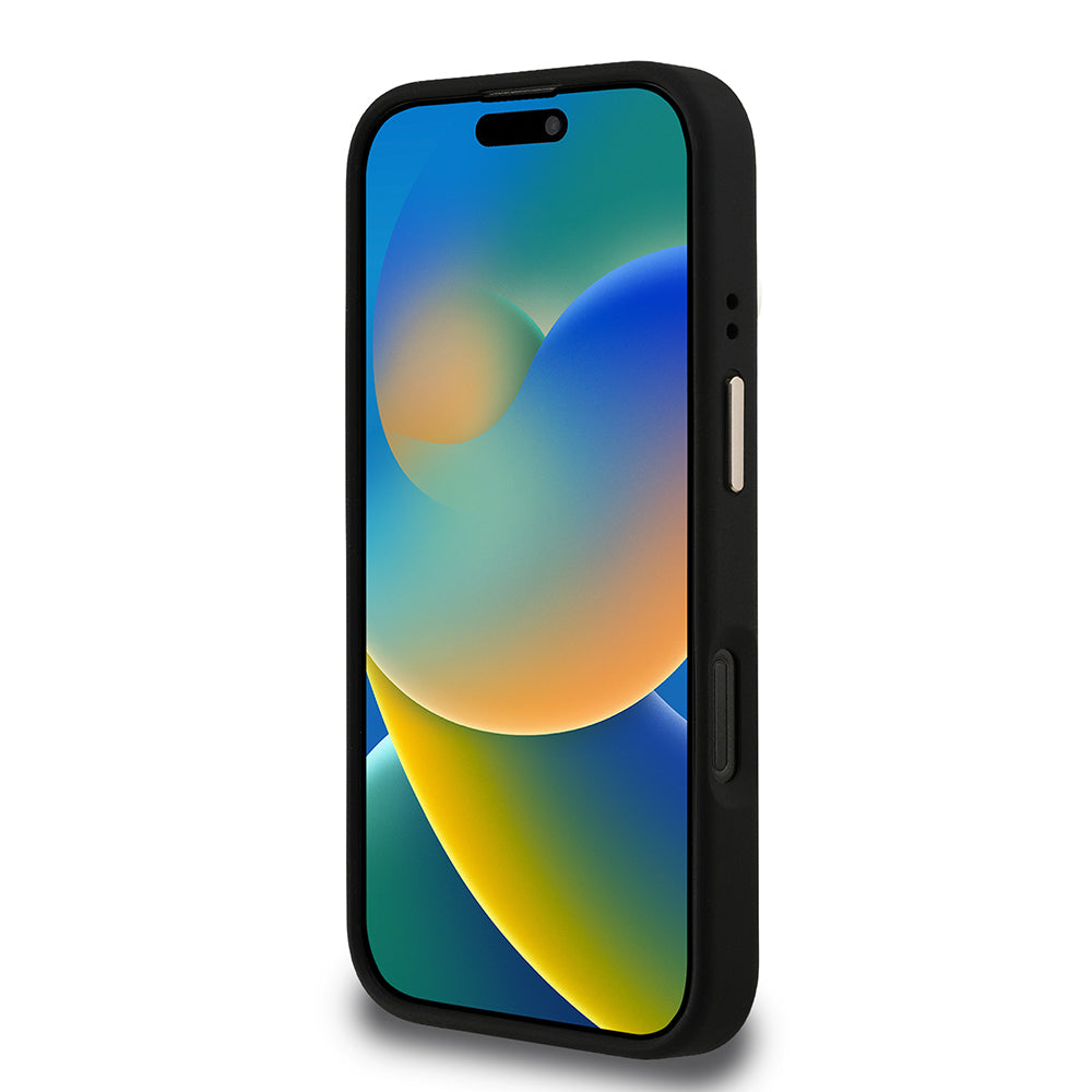 Apple iPhone 16 Pro Max Kılıf Guess Orjinal Lisanslı PU Deri Taşlı Üçgen Logo 4G Desenli Kamera Standlı Kapak Siyah