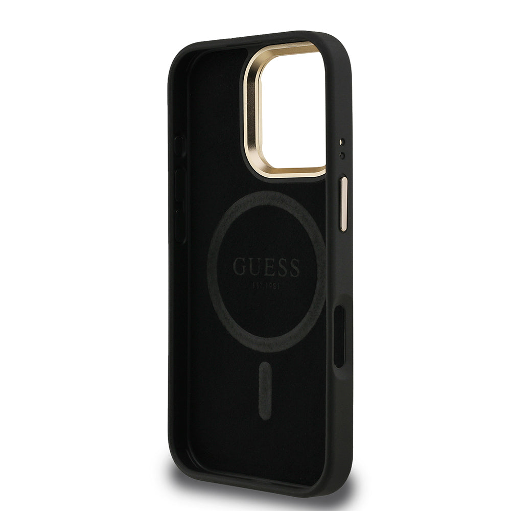 Apple iPhone 16 Pro Max Kılıf Guess Orjinal Lisanslı PU Deri Taşlı Üçgen Logo 4G Desenli Kamera Standlı Kapak Siyah