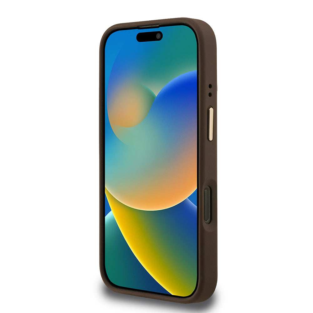 Apple iPhone 16 Pro Max Kılıf Guess Orjinal Lisanslı PU Deri Taşlı Üçgen Logo 4G Desenli Kamera Standlı Kapak Siyah