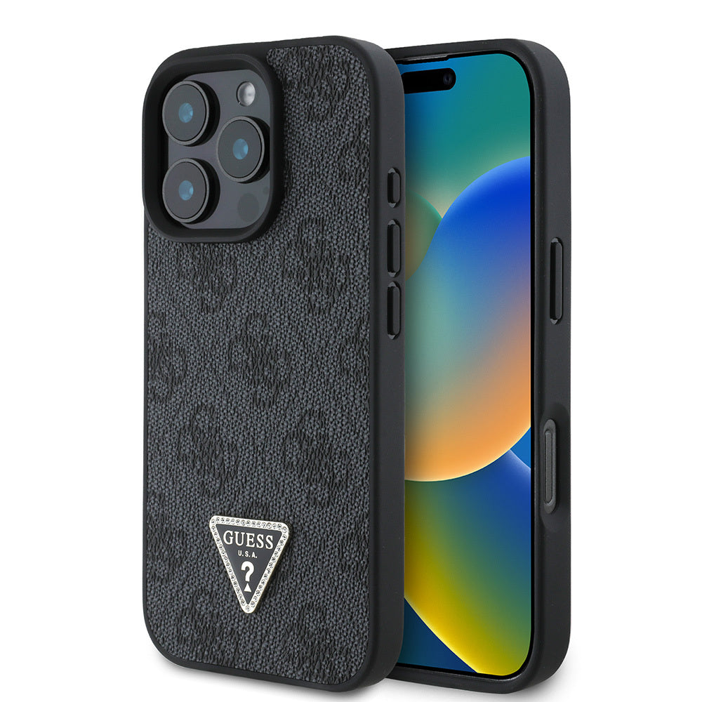 Apple iPhone 16 Pro Max Kılıf Guess Orjinal Lisanslı PU Deri Taşlı Üçgen Logo 4G Desenli Strass Kapak Kahverengi