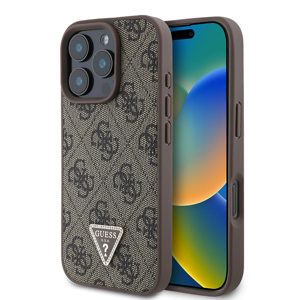 Apple iPhone 16 Pro Max Kılıf Guess Orjinal Lisanslı PU Deri Taşlı Üçgen Logo 4G Desenli Strass Kapak Kahverengi