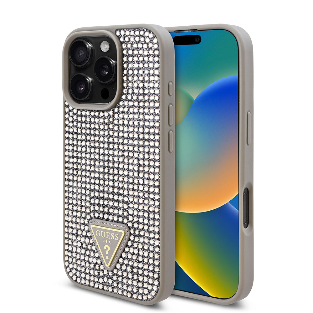 Apple iPhone 16 Pro Max Kılıf Guess Orjinal Lisanslı Taşlı Arka Yüzey Üçgen Logolu Kapak