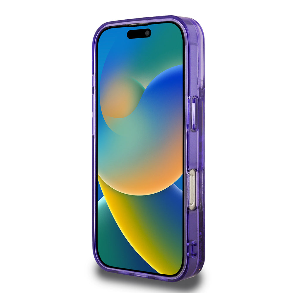 Apple iPhone 16 Pro Max Kılıf Guess Orjinal Lisanslı Transparan Sıvılı Simli Altın Çizgili Kapak Mor