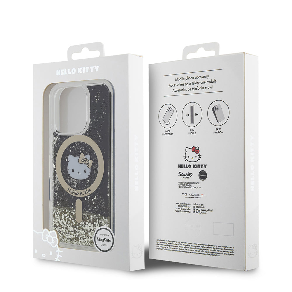 iPhone 16 Pro Max Kılıf Hello Kitty Orjinal Lisanslı Magsafe Şarj Özellikli IML Baskı Kitty Head Logolu Sıvılı Simli Altın Ateşi Kılıf Siyah