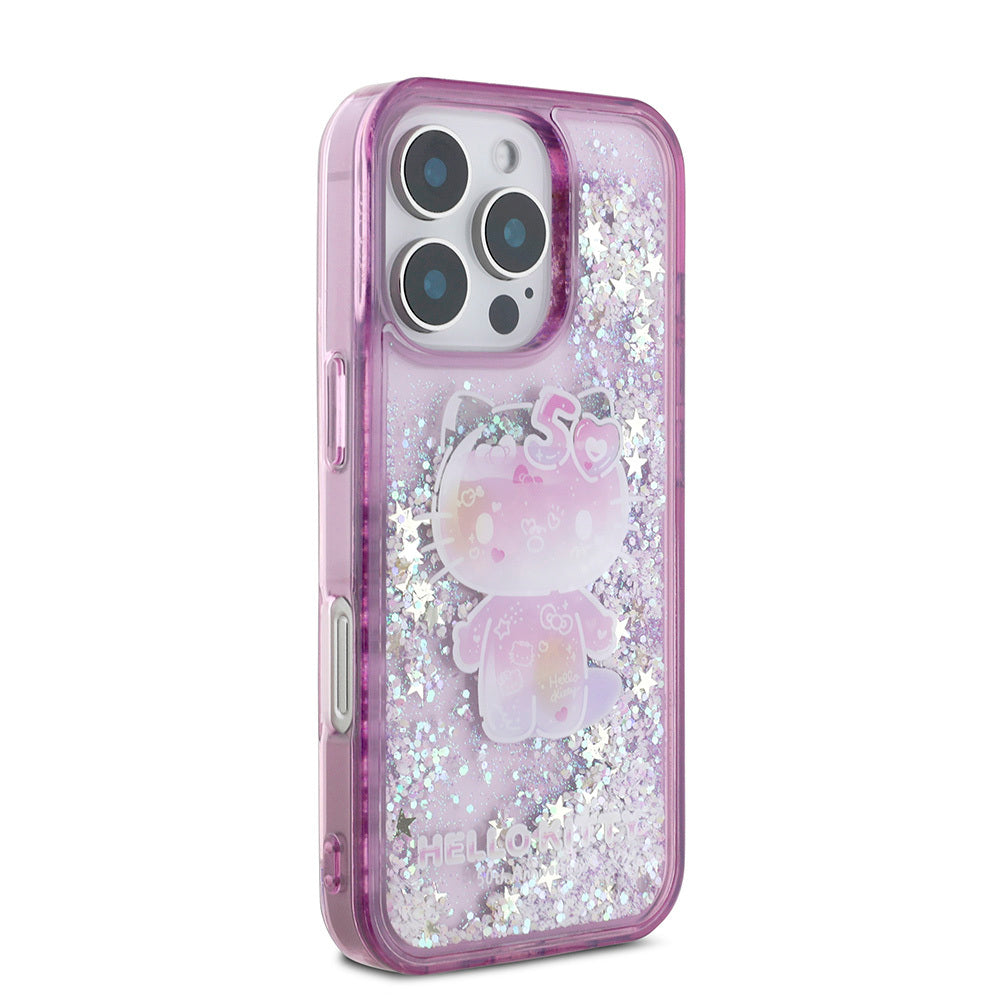 iPhone 16 Pro Max Kılıf Hello Kitty Orjinal Lisanslı Sıvılı Simli 50. Yıldönümü Partisi Kılıf Mor