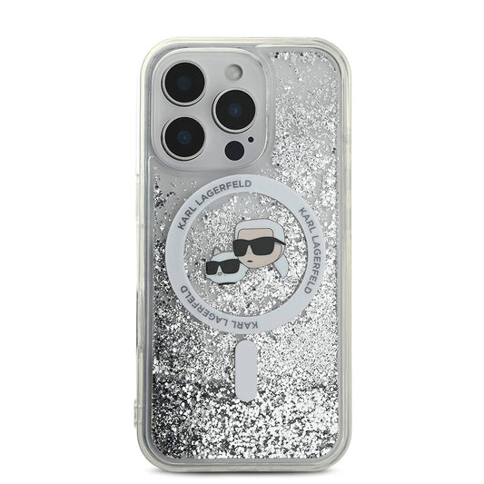 Apple iPhone 16 Pro Max Kılıf Karl Lagerfeld Orjinal Lisanslı M-safe Şarj Özellikli Sıvılı Simli KC Heads Kapak