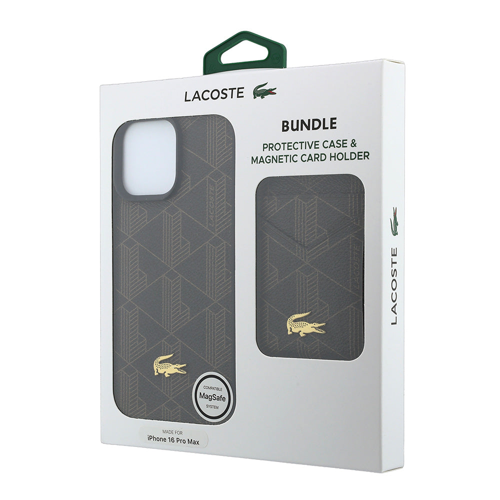 Apple iPhone 16 Pro Max Kılıf Lacoste Orjinal Lisanslı M-safe Şarj Özellikli PU Deri Tasarımlı Kartlıklı Karışık Monogram Desenli Kapak