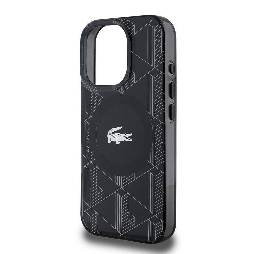 iPhone 16 Pro Max Kılıf Lacoste Orjinal Lisanslı Magsafe Şarj Özellikli IML Baskılı Gümüş Timsah Logolu Monogram Kılıf Siyah
