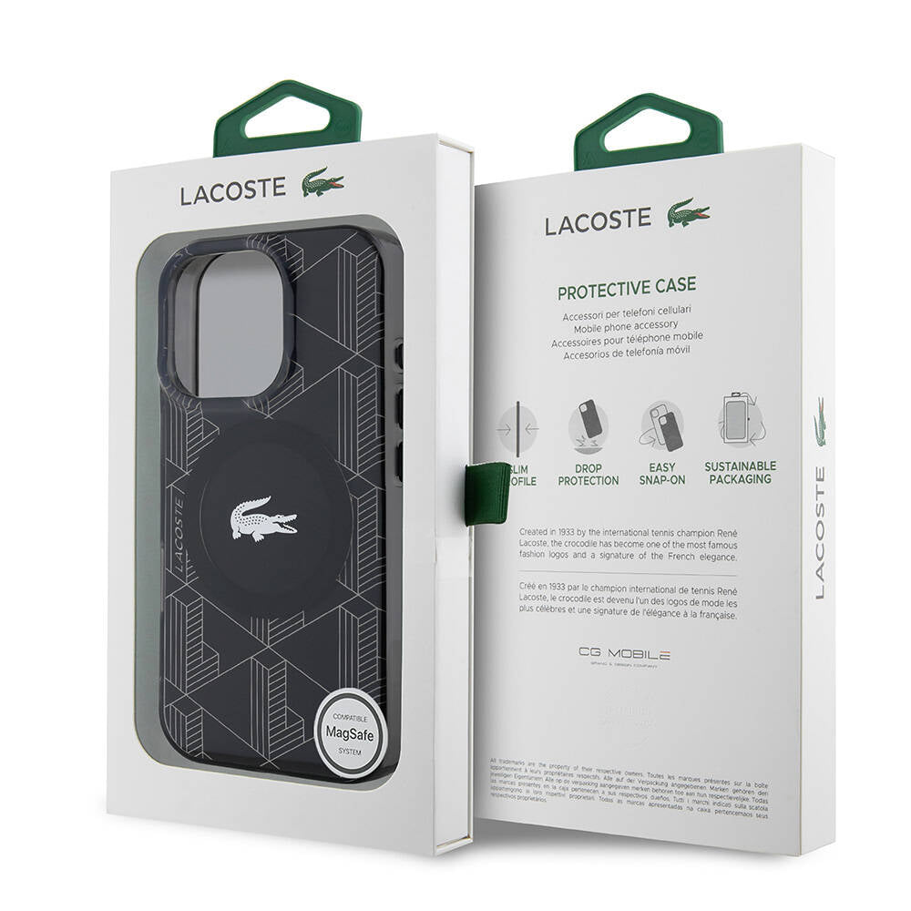 iPhone 16 Pro Max Kılıf Lacoste Orjinal Lisanslı Magsafe Şarj Özellikli IML Baskılı Gümüş Timsah Logolu Monogram Kılıf Siyah