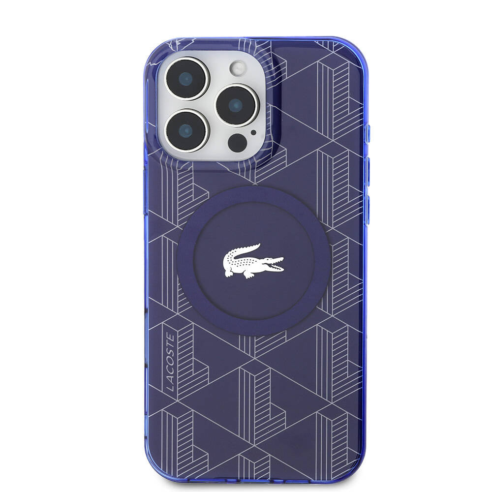 iPhone 16 Pro Max Kılıf Lacoste Orjinal Lisanslı Magsafe Şarj Özellikli IML Baskılı Gümüş Timsah Logolu Monogram Kılıf Lacivert