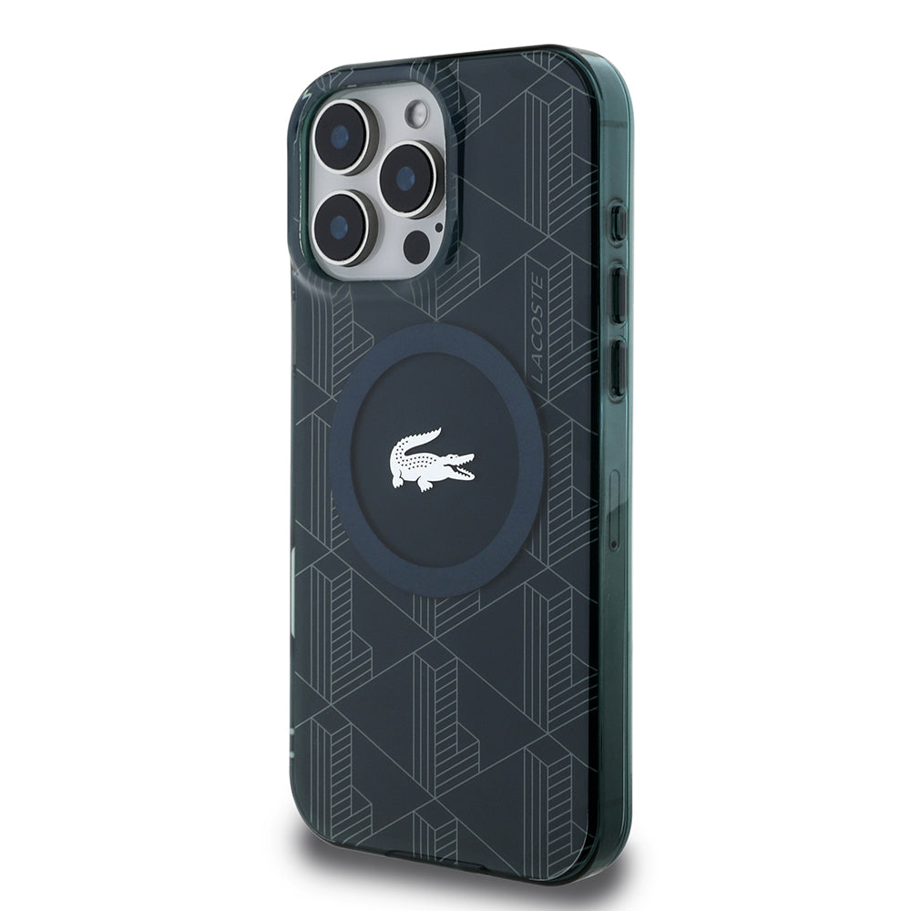 iPhone 16 Pro Max Kılıf Lacoste Orjinal Lisanslı Magsafe Şarj Özellikli IML Baskılı Gümüş Timsah Logolu Monogram Kılıf Lacivert