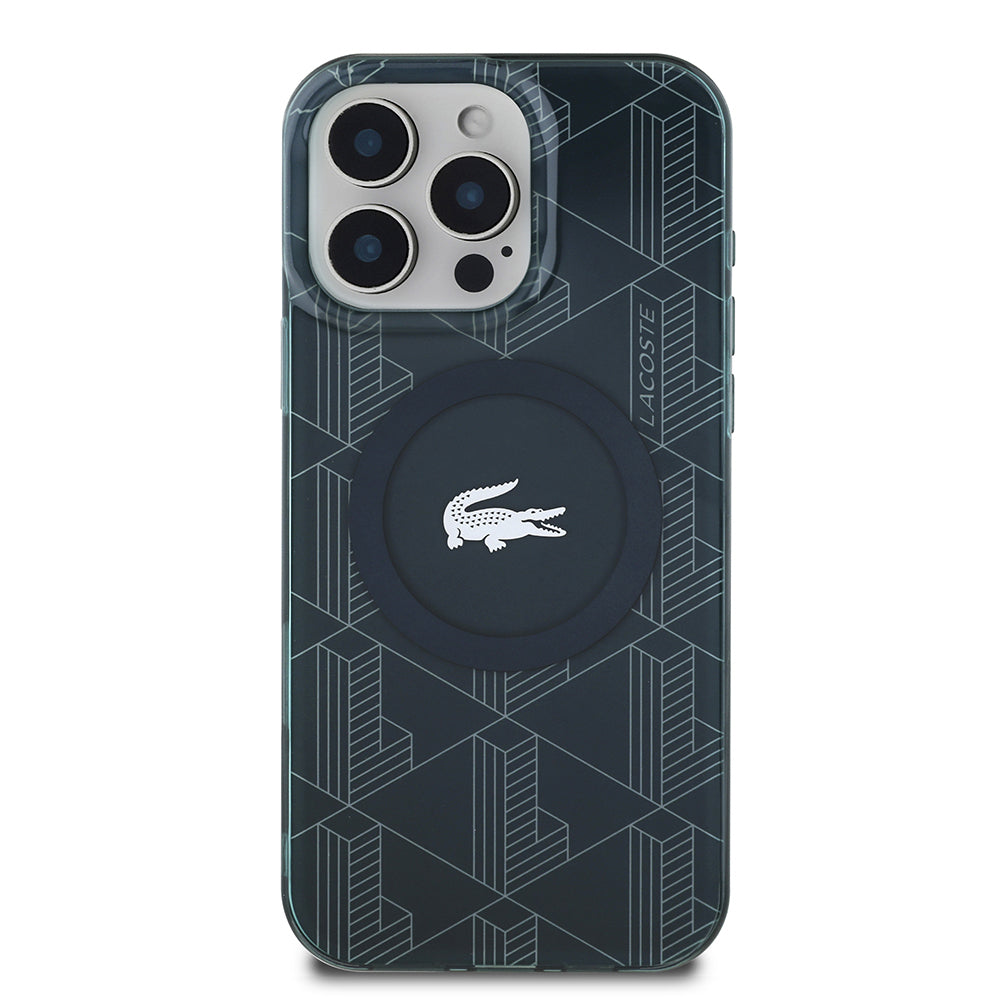 iPhone 16 Pro Max Kılıf Lacoste Orjinal Lisanslı Magsafe Şarj Özellikli IML Baskılı Gümüş Timsah Logolu Monogram Kılıf Siyah
