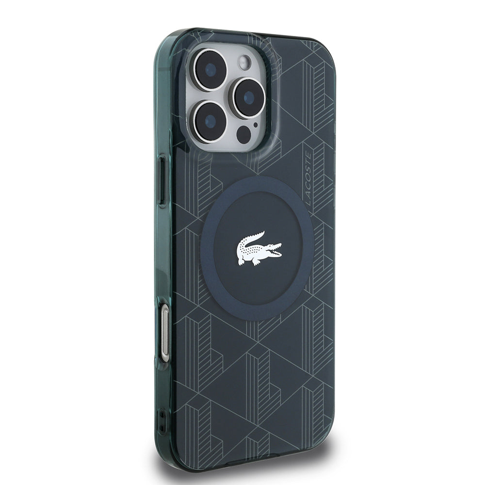 iPhone 16 Pro Max Kılıf Lacoste Orjinal Lisanslı Magsafe Şarj Özellikli IML Baskılı Gümüş Timsah Logolu Monogram Kılıf Yeşil