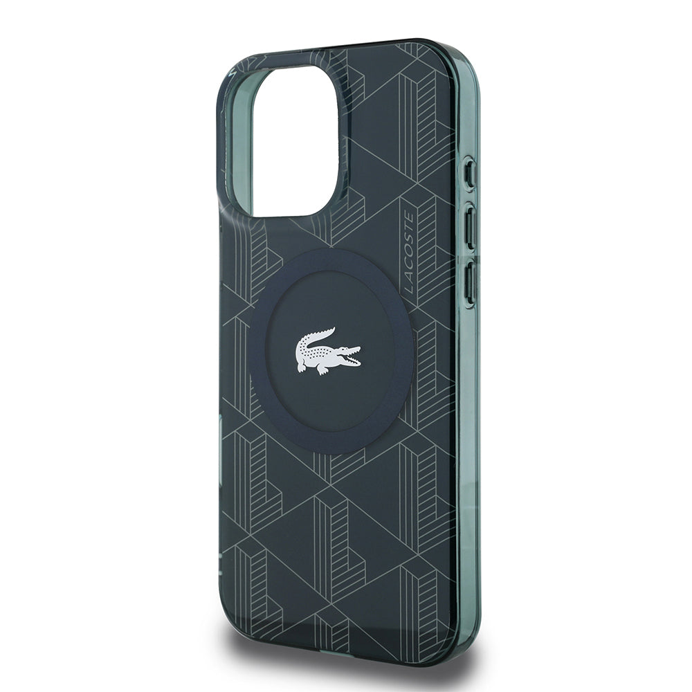 iPhone 16 Pro Max Kılıf Lacoste Orjinal Lisanslı Magsafe Şarj Özellikli IML Baskılı Gümüş Timsah Logolu Monogram Kılıf Lacivert